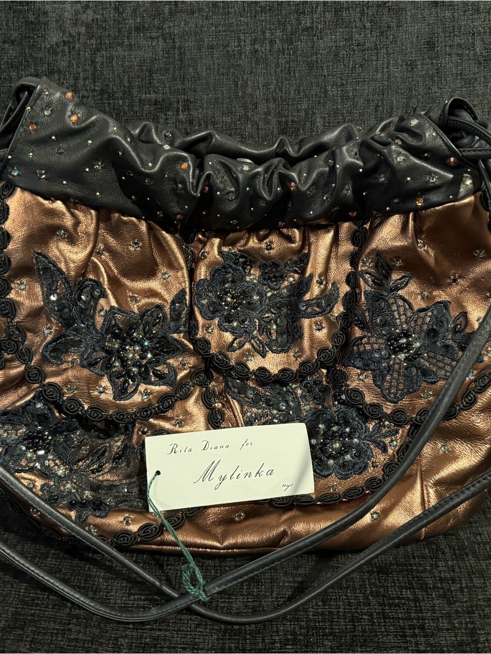 Rita Diana for Mylinka Gold & Black Bling leather cinch bag purse NWT Beautiful
